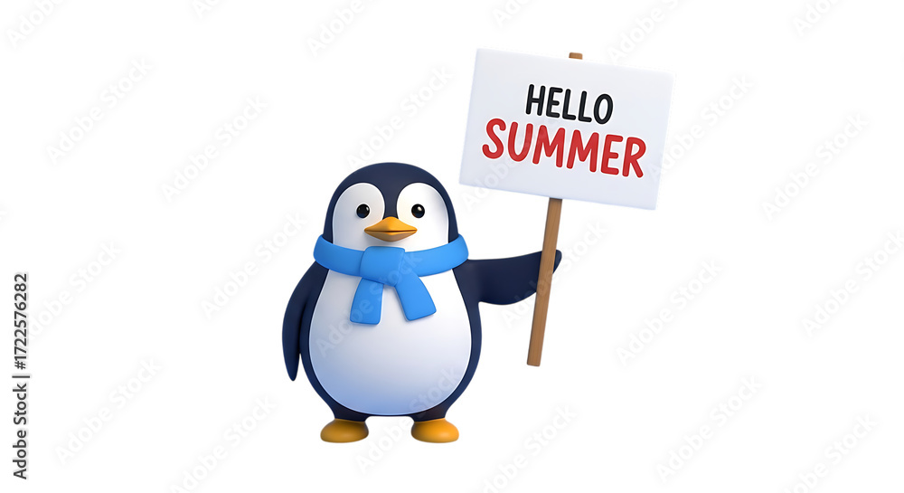 Fototapeta premium Adorable penguin with a scarf welcoming summer with a sign, perfect for seasonal marketing campaigns and cheerful holiday greetings for kids and families