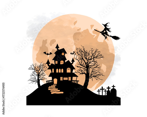 Spooky Halloween Night Haunted House under Harvest Moon