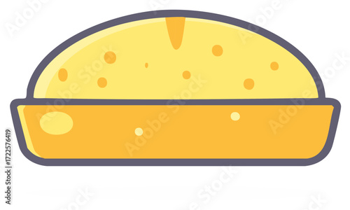 Illustration of a stylized yellow cake or pie in a baking dish, simple flat design