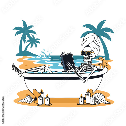 A stylish skeleton enjoys a surreal spa day, lounging in a beachside bathtub with a good book, sunglasses, and not a care in the world.