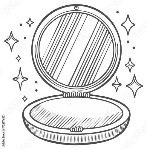 Hand drawn vintage powder compact with a mirror and sparkles sketch illustration
