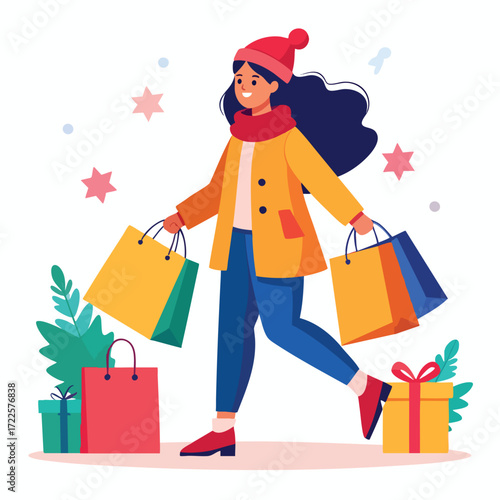 A cheerful woman in winter attire, running with Christmas shopping bags and presents.