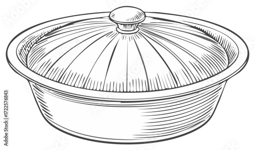 Vintage style casserole dish illustration with lid food service for gourmet kitchen