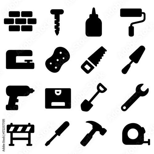 Construction Icon Set: A comprehensive collection of minimalist construction tools and elements, artfully arranged on a clear and uncluttered display.