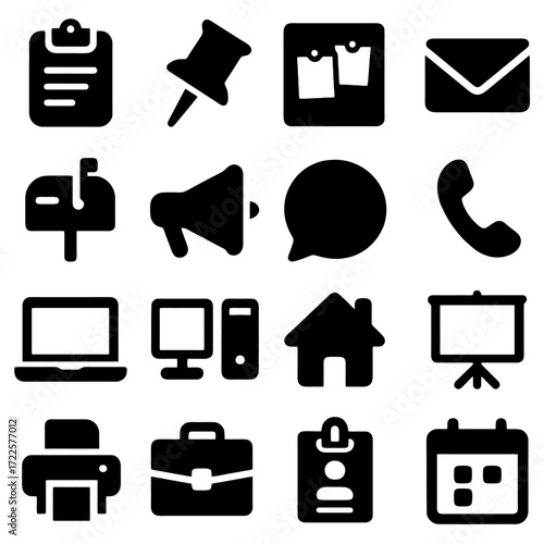 Essential Office Icons: A versatile collection of iconic office symbols meticulously crafted, providing a clean visual for various themes and digital projects.