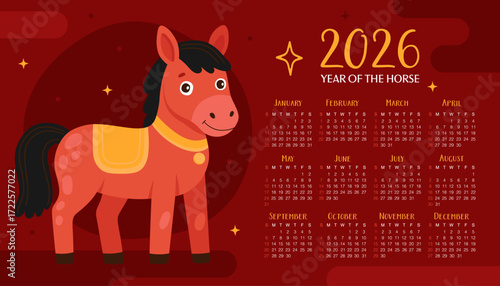 Calendar 2026. 12 months, starting from Sunday. Cute red horse on dark red background. New Year of the Horse, Lunar New Year or Chinese New Year.