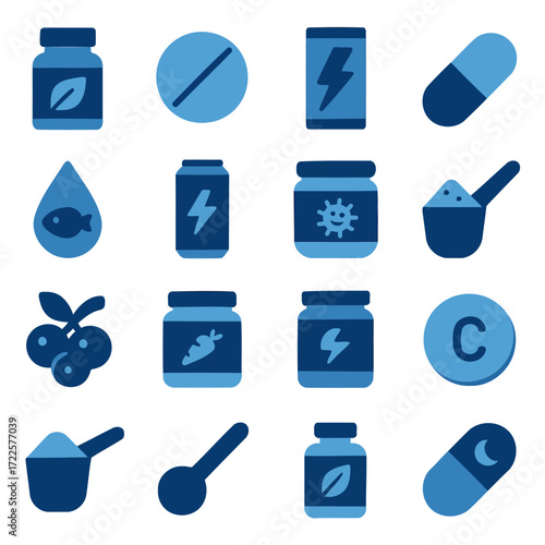 Nutritional Supplements Illustration: A comprehensive collection of diverse food supplement icons in an illustrative style, each representing health and well-being.