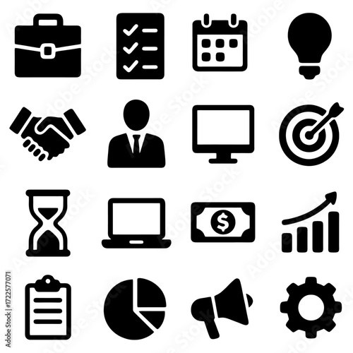 Business Icon Set: A visually appealing collection of flat, minimalist icons, perfectly crafted to represent a broad range of business concepts, offering clean.