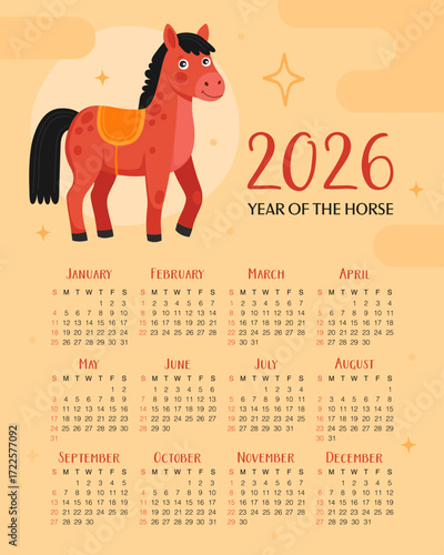 Calendar 2026. 12 months, starting from Sunday. Cute red horse on light yellow background. New Year of the Horse, Lunar New Year or Chinese New Year.