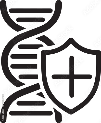 Modern icon displaying DNA helix with protective shield, representing healthcare innovation and genetic research advancements, originally a vector graphic