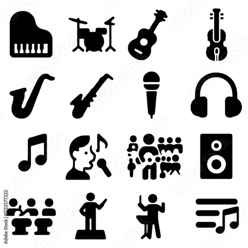 Musical Ensemble: A harmonious assortment of musical instruments and icons, including a piano, drum set, guitar, violin, saxophone, microphone, headphones.