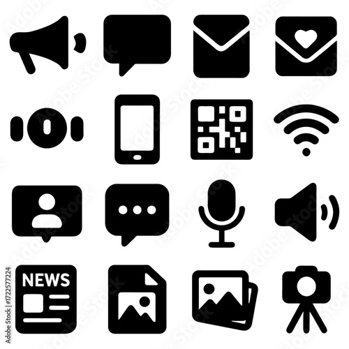 Iconic Communication: A curated collection of graphic elements, showcasing modern communication tools, from loud speaker to camera.