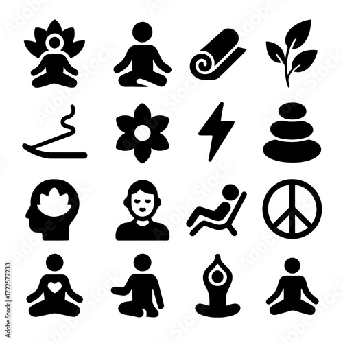 Serene Silhouette: A graphic compilation of yoga-related icons with a minimalistic approach. Showing elements associated with inner peace and harmony, and mindfulness. 