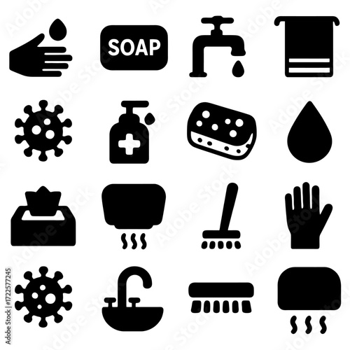 Hygiene and Cleanliness Elements: A graphic collection features icons related to hygiene and cleanliness. These elements, rendered in stark black, evoke a sense of clarity and safety.