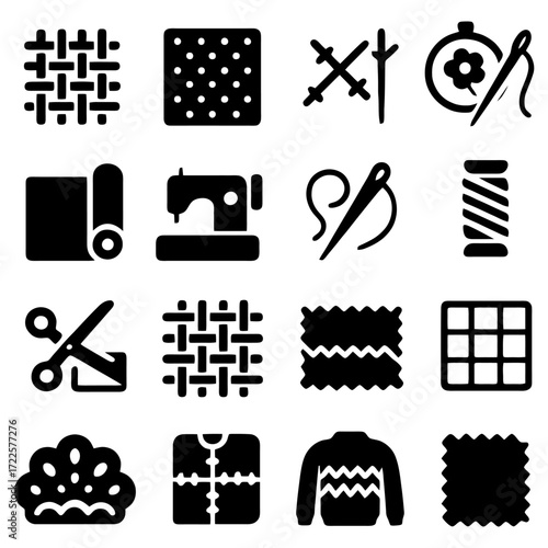 Crafting Icons: A comprehensive set of meticulously crafted black silhouette icons, encompassing sewing and textile essentials, offers a wealth of design elements for creative projects