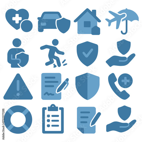 Security and Safety Icon Set: A graphic set of essential icons depicting security and safety measures, offering a visual language of protection, care, and risk management.