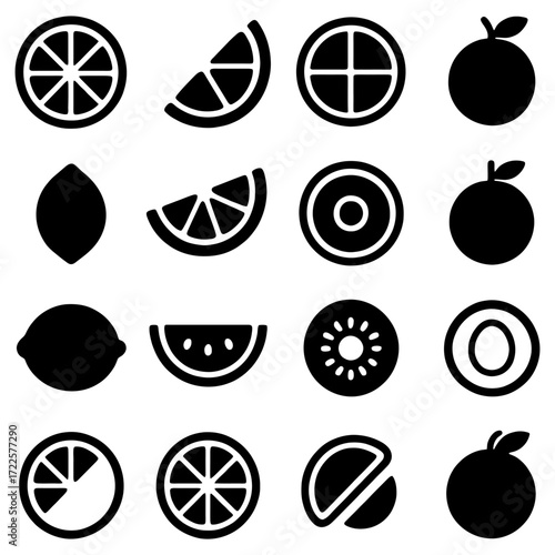 Citrus Symphony: A collection of various stylized illustrations, including citrus fruit, each one sliced with artful precision, showcasing its vibrant essence 