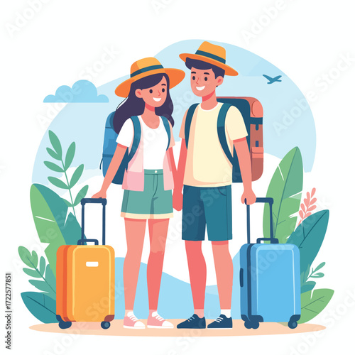 Happy young couple ready for a summer vacation, holding hands and luggage.