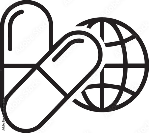 Global medicine concept with capsule and globe outlines for healthcare, pharmaceuticals, and international health solutions, originally a scalable vector