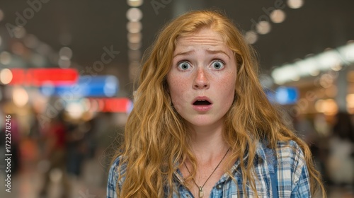 Wallpaper Mural Redhead girl is shocked, wearing a blue plaid shirt in public space. Use it to depict surprise, fear, or a sudden realization. Torontodigital.ca