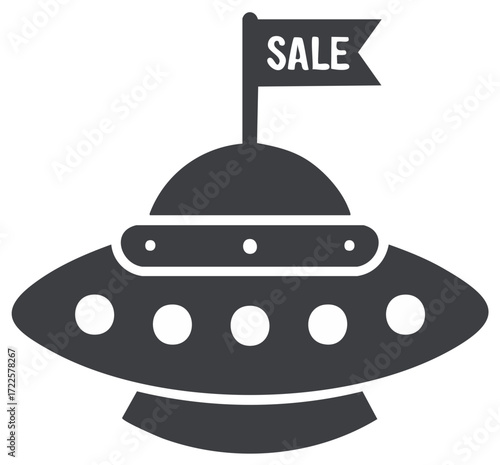 Flying Saucer with Sale Flag Icon Symbolizing Discount and Special Offers