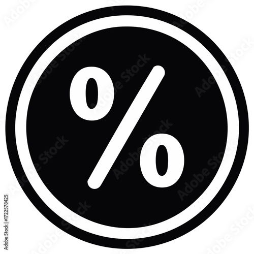 Simple monochromatic percentage symbol icon within a black circle denoting discounts prices or interest rates