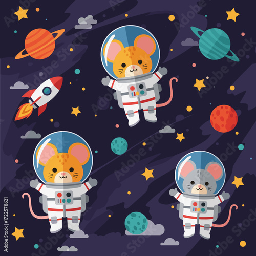 Cute astronaut mice float among colorful planets and stars symbolizing space adventure and dreams