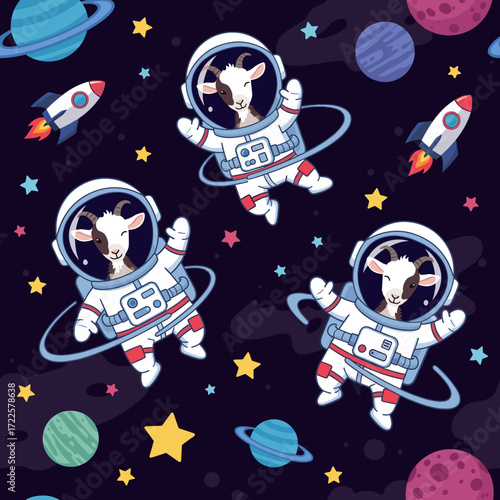 Three cute goats in astronaut suits floating in vibrant space with planets and rockets Fun cosmic adventure