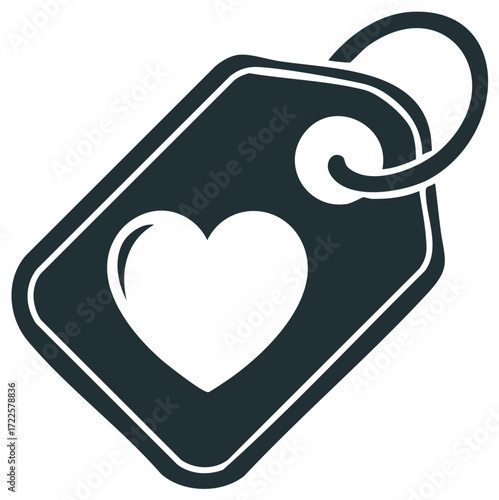 Simple dark tag icon with white heart symbol and keyring attachment