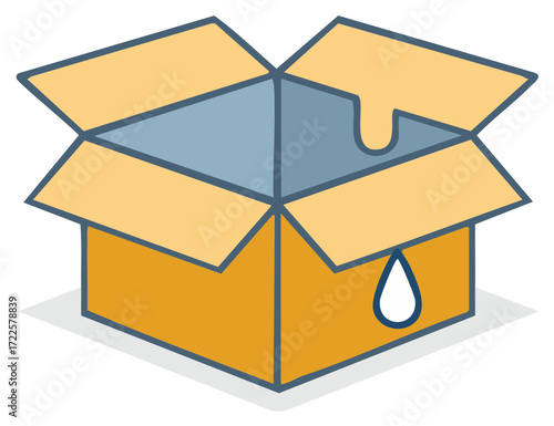 Stylized Illustration of a Leaking Box with Water Damage and Opening Flaps Ready for Shipping
