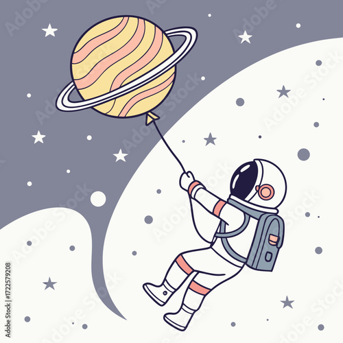 Cute astronaut floating in outer space holding a planet balloon with rings and stars in the background