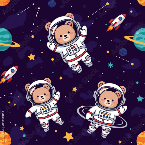Cute cartoon astronaut bears exploring colorful space with planets stars and rockets Childhood dreams