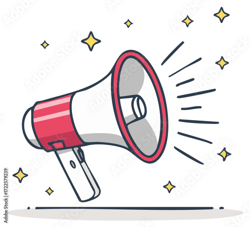 Amplifying Announcement Cute Cartoon Style Megaphone Icon Surrounded by Sparkling Stars
