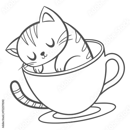 Adorable cartoon kitten sleeping peacefully curled up inside a teacup with its tail hanging over the side