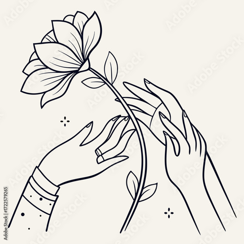 Elegant line art illustration of delicate hands gently holding a blooming flower stem with leaves against a neutral background
