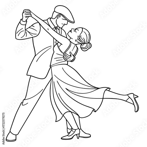 Elegant couple dancing a passionate tango in vintage attire with a man wearing a flat cap and a woman in a flowing dress