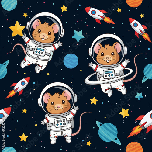Cute astronaut mice exploring space with rockets stars and planets Fun adventurous design