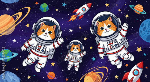 Cute cartoon cats in astronaut suits explore colorful outer space with planets stars and rockets