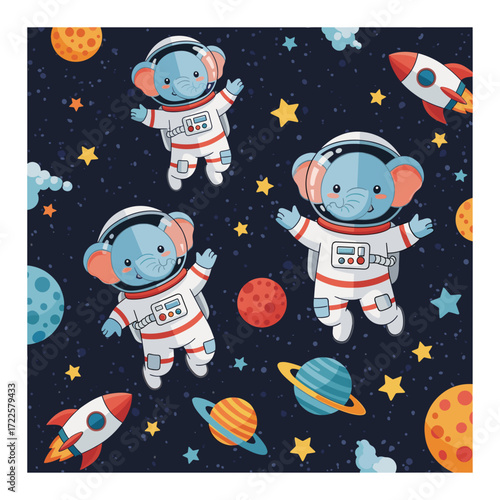 Cute elephant astronauts float happily in cosmic space with planets and rockets Kids adventure