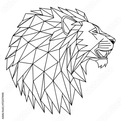 Geometric lion head profile drawing with sharp angles and polygonal mane illustration
