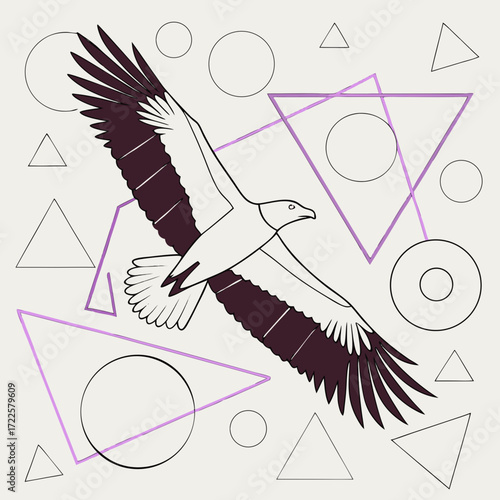 Stylized illustration of a bird of prey with outstretched wings soaring against a background of geometric shapes including triangles and circles in purple and black outlines