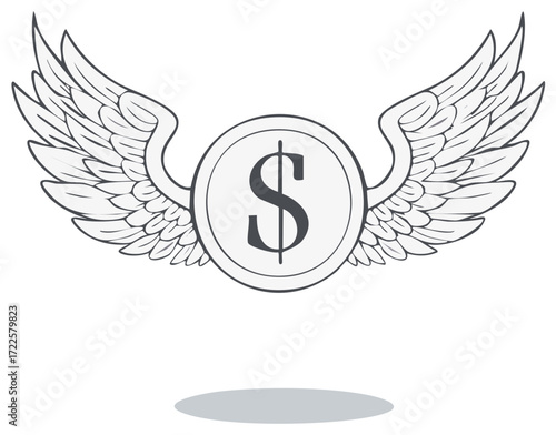 Flying Dollar Coin with Angel Wings Representing Rapid Wealth Growth