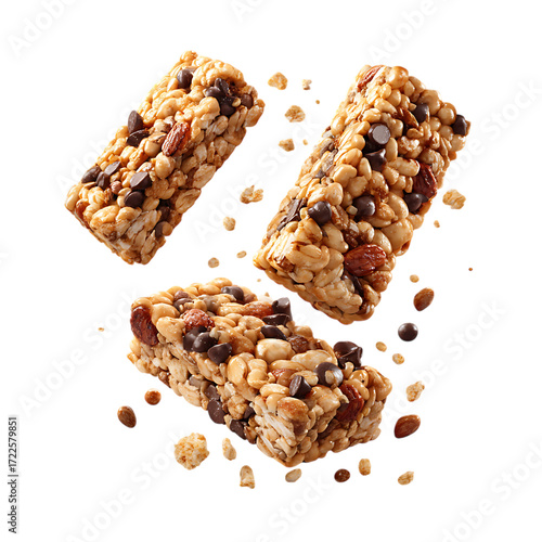 Three healthy granola bars with scattered ingredients isolated on transparent background.