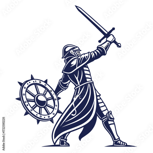 A knight in full armor holding a sword raised high and a spiked shield in a dynamic pose