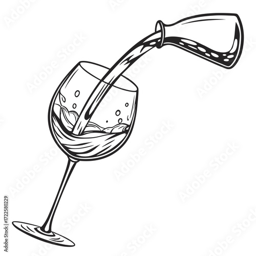 Black and white illustration of liquid being poured from a bottle into a wine glass