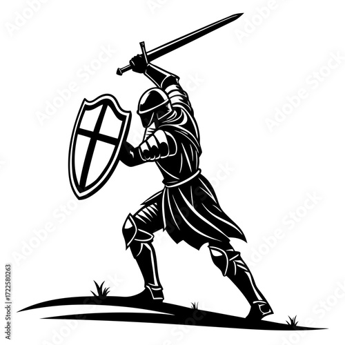 Black and white silhouette of a medieval knight in full armor wielding a sword and shield in a dynamic pose