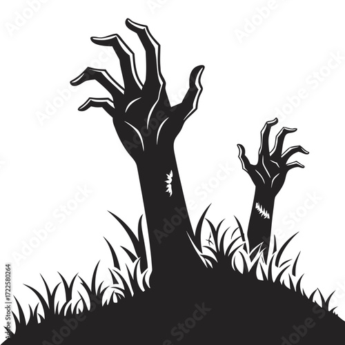 Creepy black silhouette zombie hands rising from the ground with grass on a white background