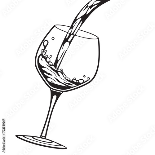 Black and white illustration of liquid being poured into a wine glass creating a splash and bubbles