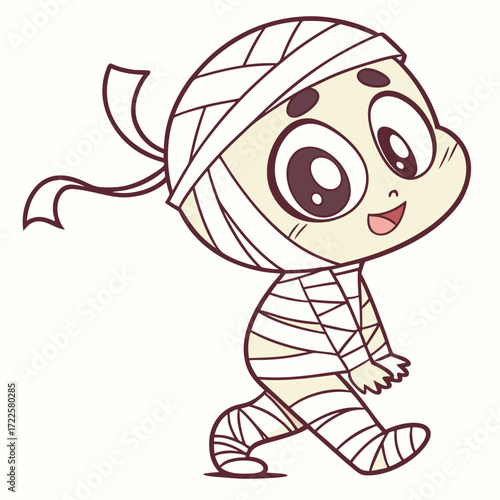 Cute cartoon mummy character walking happily with bandages and big eyes perfect for halloween