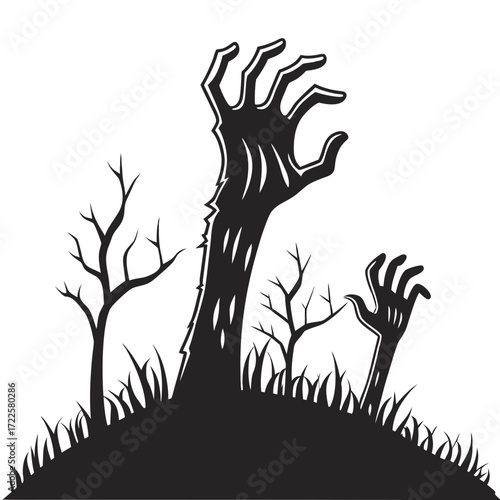 Creepy zombie hands emerging from the ground with bare trees and grass on a white background